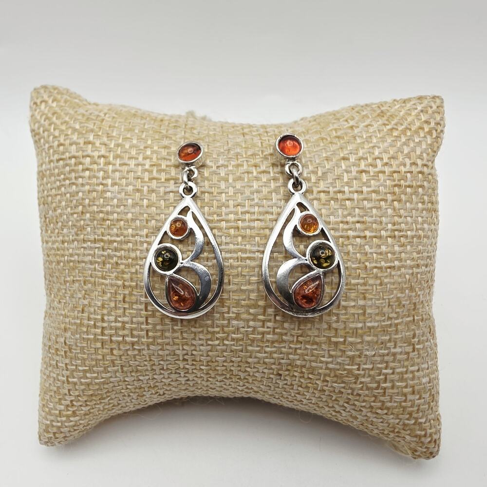 925 Sterling Silver Multicolor Amber Teardrop Dangle Earrings
